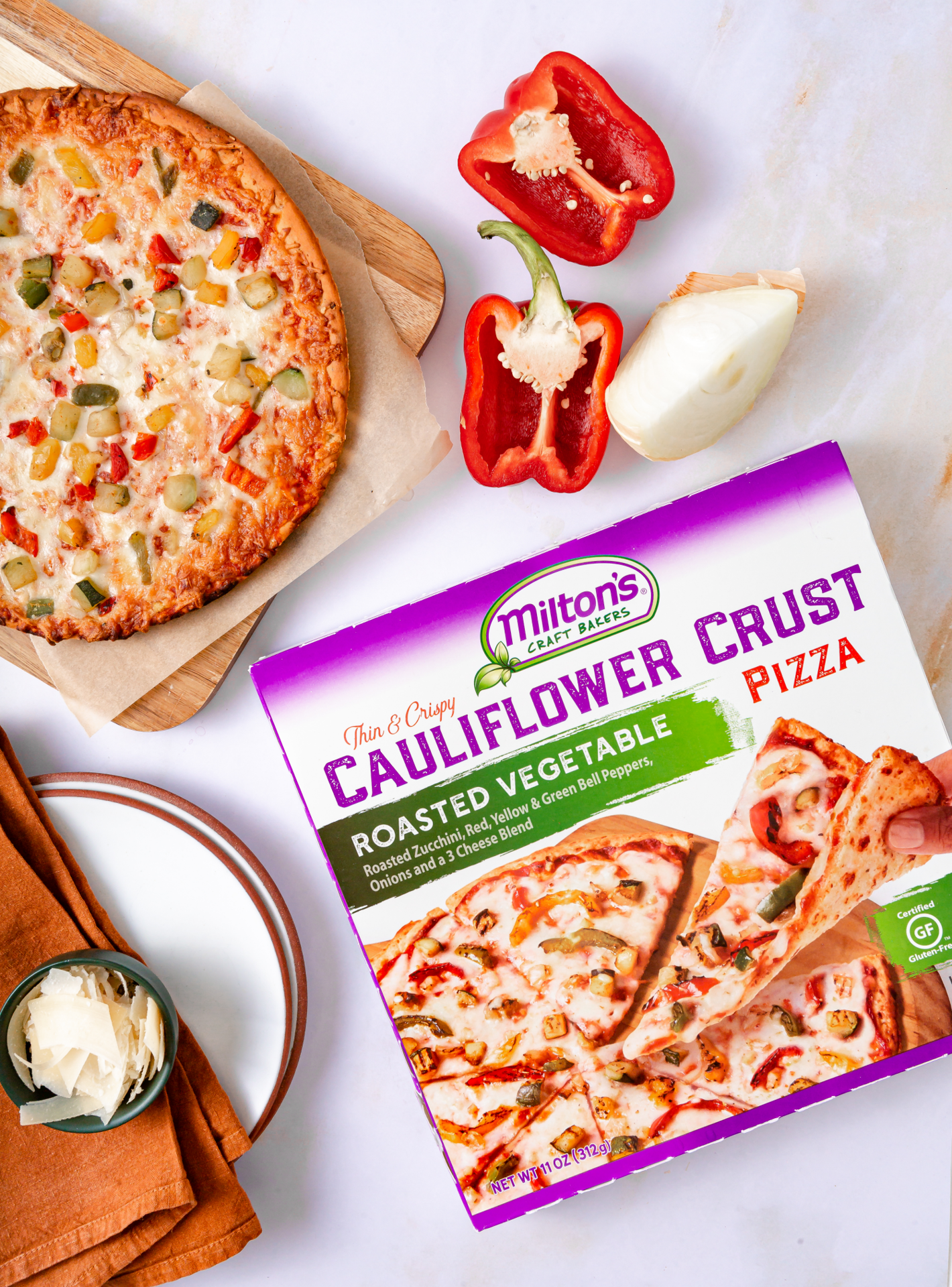 slide 2 of 4, Milton's Pizza, Cauliflower Crust, Roasted Vegetable, Thin & Crispy, 11 oz