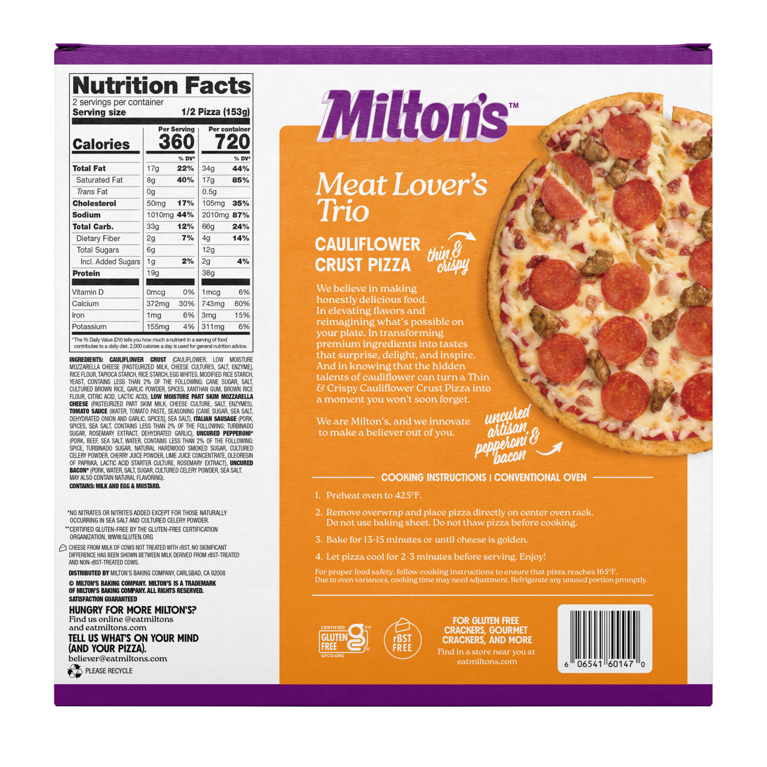 slide 2 of 2, Milton's Meat Lover's Trio Cauliflower Crust Pizza, 10.8 oz