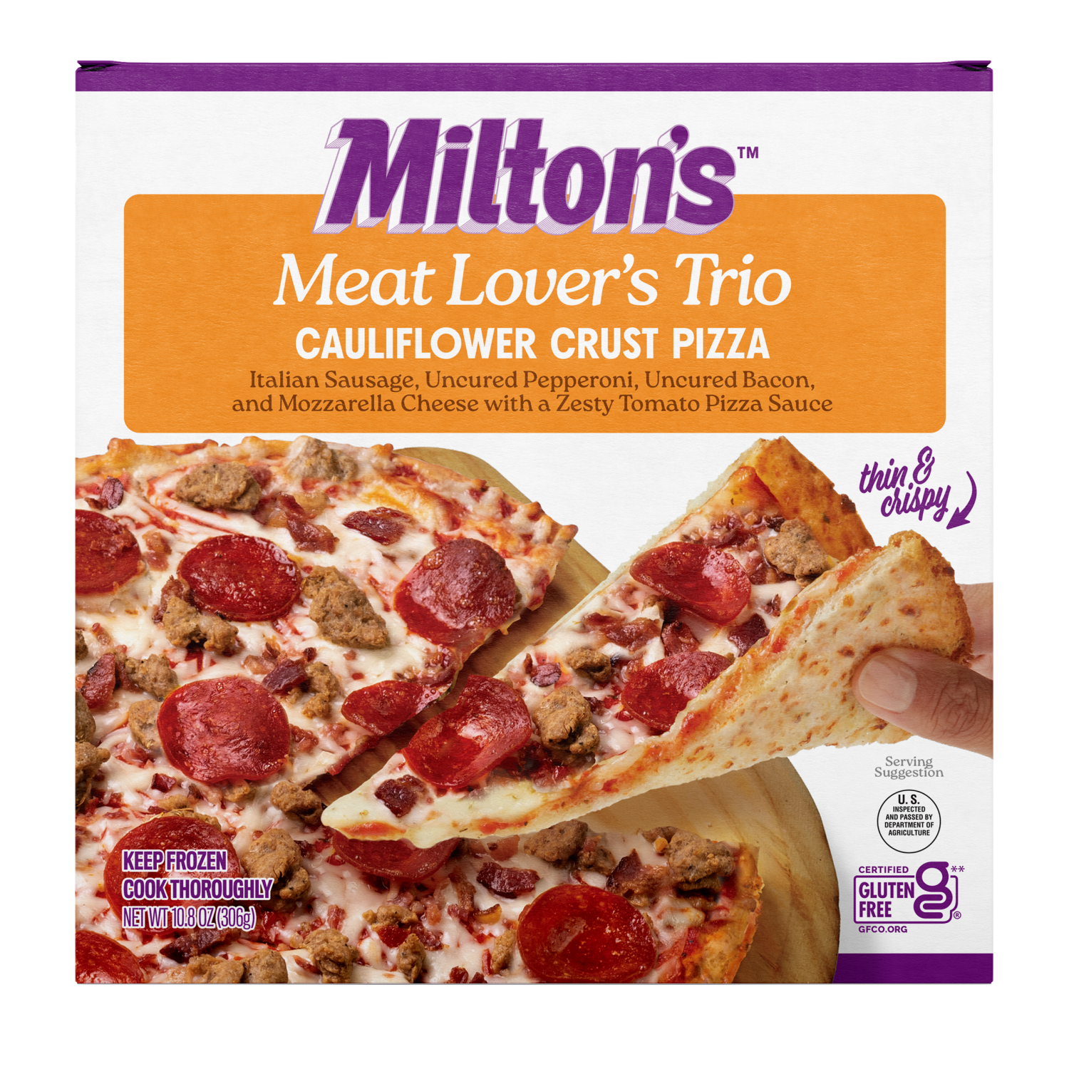 slide 1 of 2, Milton's Meat Lover's Trio Cauliflower Crust Pizza, 10.8 oz
