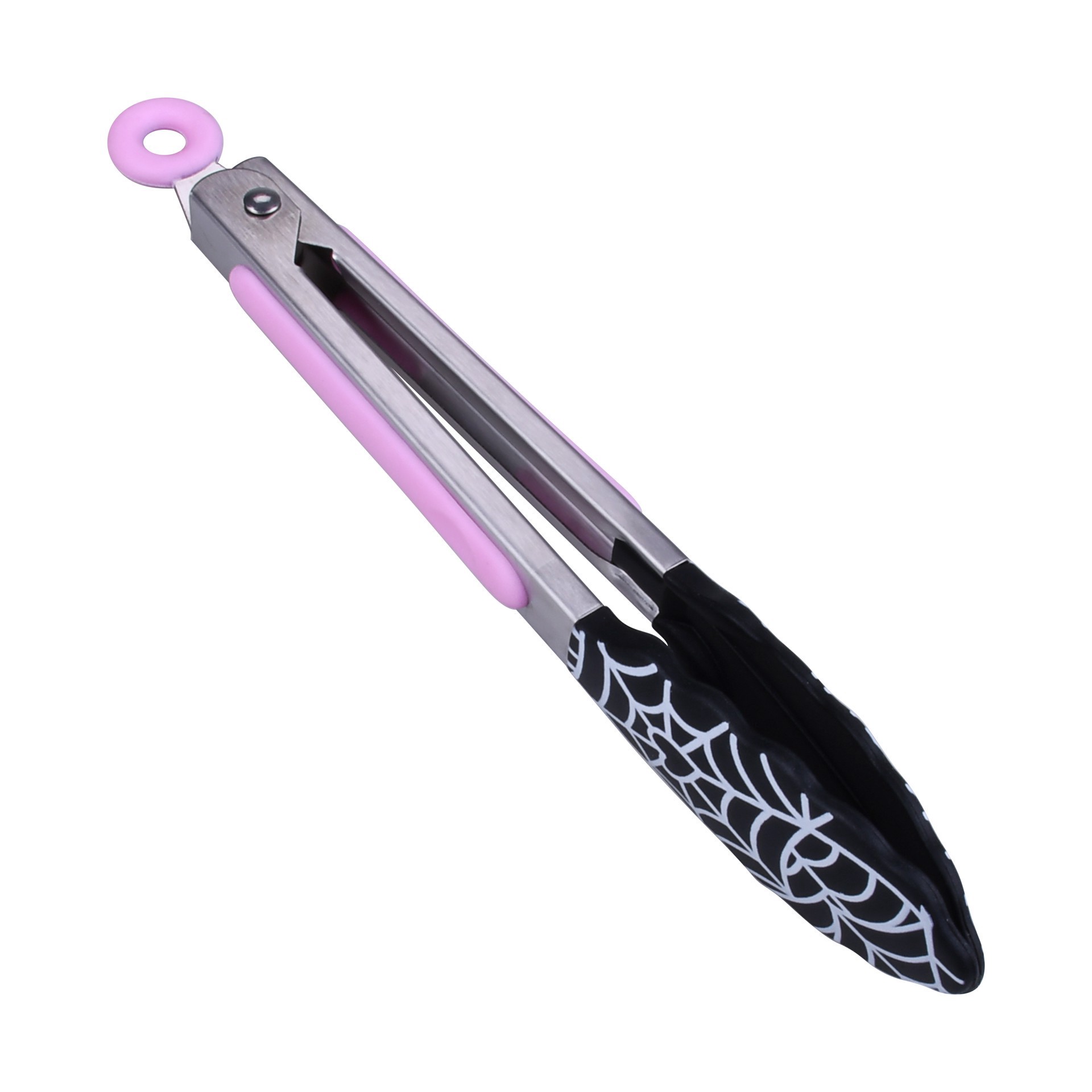 slide 2 of 5, Mini Pink & Black Spiderweb Silicone Tongs By Makery, 8 in