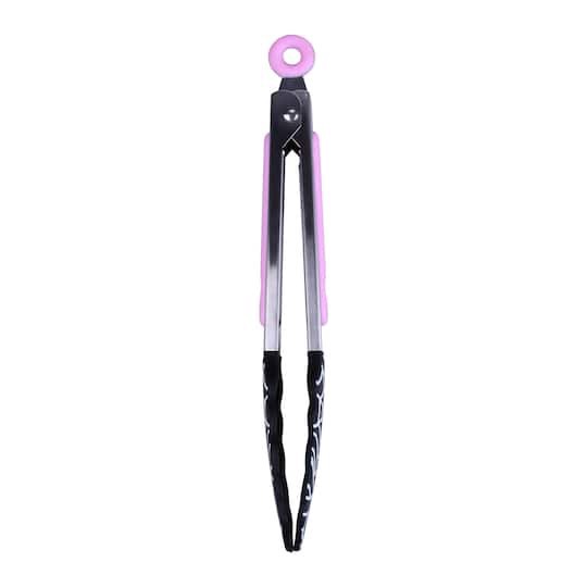 slide 1 of 5, Mini Pink & Black Spiderweb Silicone Tongs By Makery, 8 in