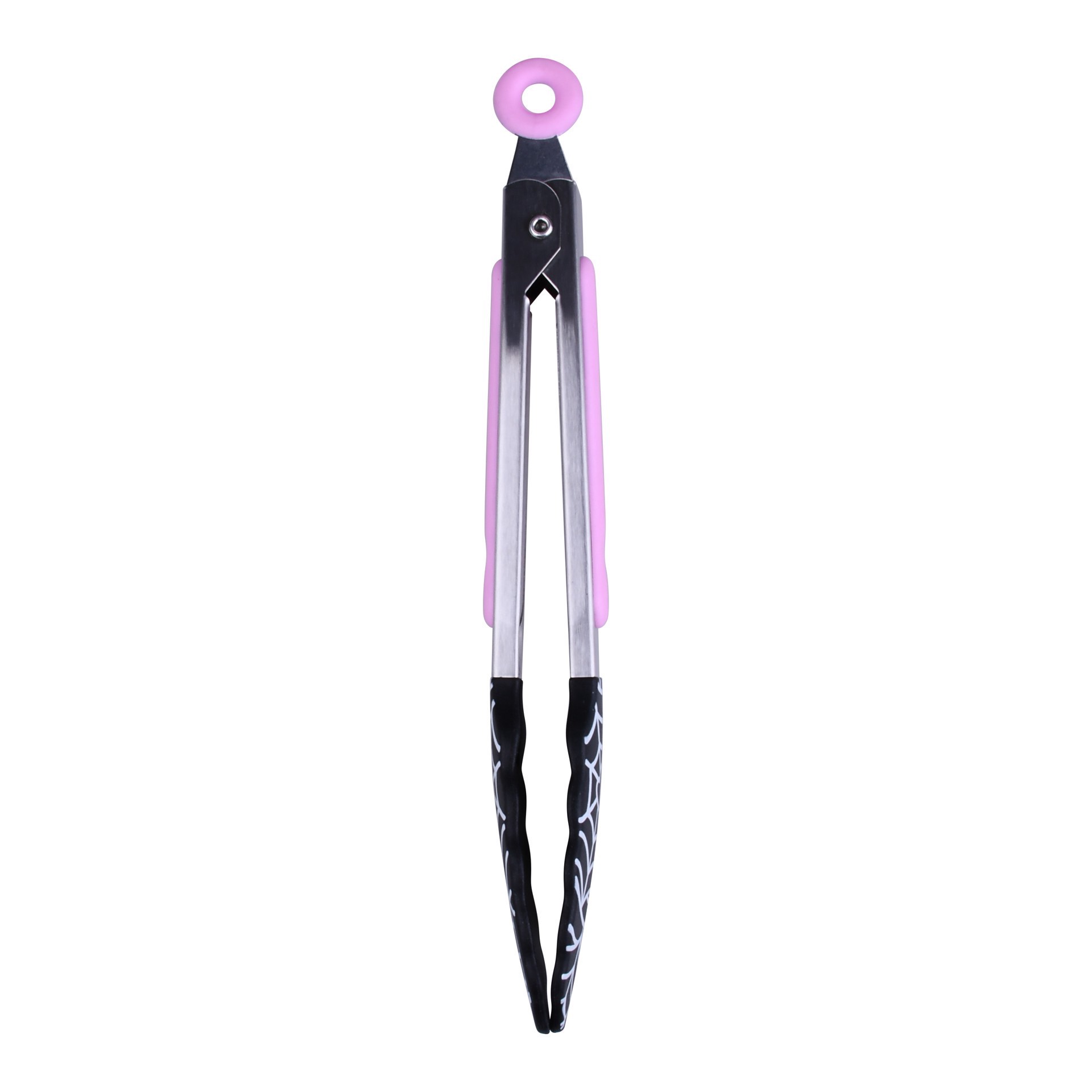 slide 3 of 5, Mini Pink & Black Spiderweb Silicone Tongs By Makery, 8 in
