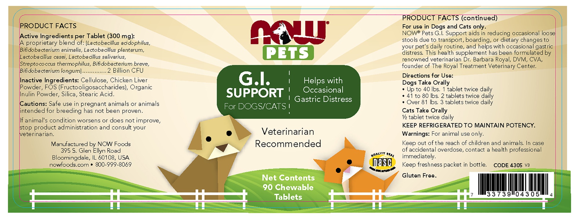 slide 2 of 2, NOW Foods, G.I. Support Supplement, Formulated for Cats & Dogs, NASC Certified, 90 Chewable Tablets, 90 ct