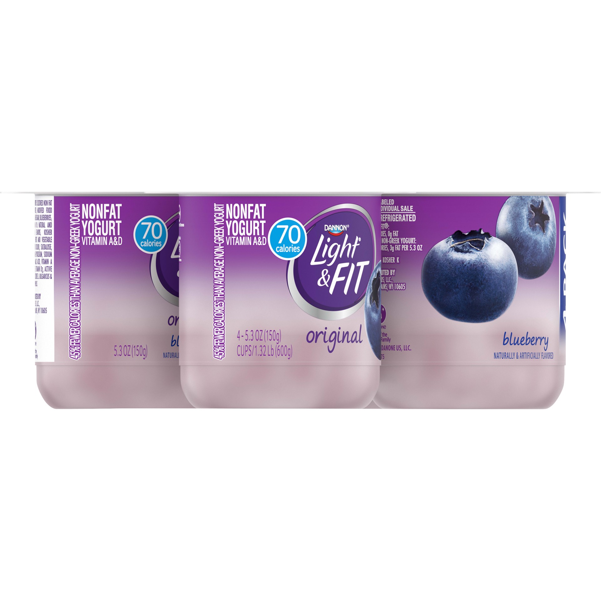 slide 2 of 5, Light + Fit Dannon Light + Fit Blueberry Original Nonfat Yogurt Pack, 0 Fat and Only 70 Calories, Creamy and Delicious Blueberry Yogurt, 4 Ct, 5.3 OZ Cups, 5.3 oz