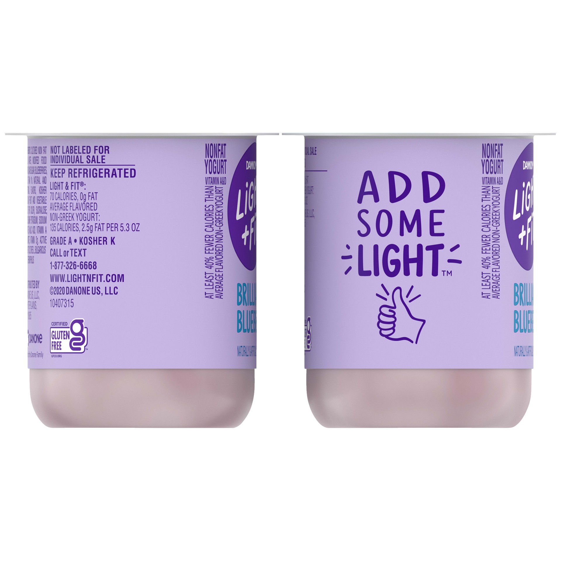 slide 3 of 5, Light + Fit Dannon Light + Fit Blueberry Original Nonfat Yogurt Pack, 0 Fat and Only 70 Calories, Creamy and Delicious Blueberry Yogurt, 4 Ct, 5.3 OZ Cups, 5.3 oz