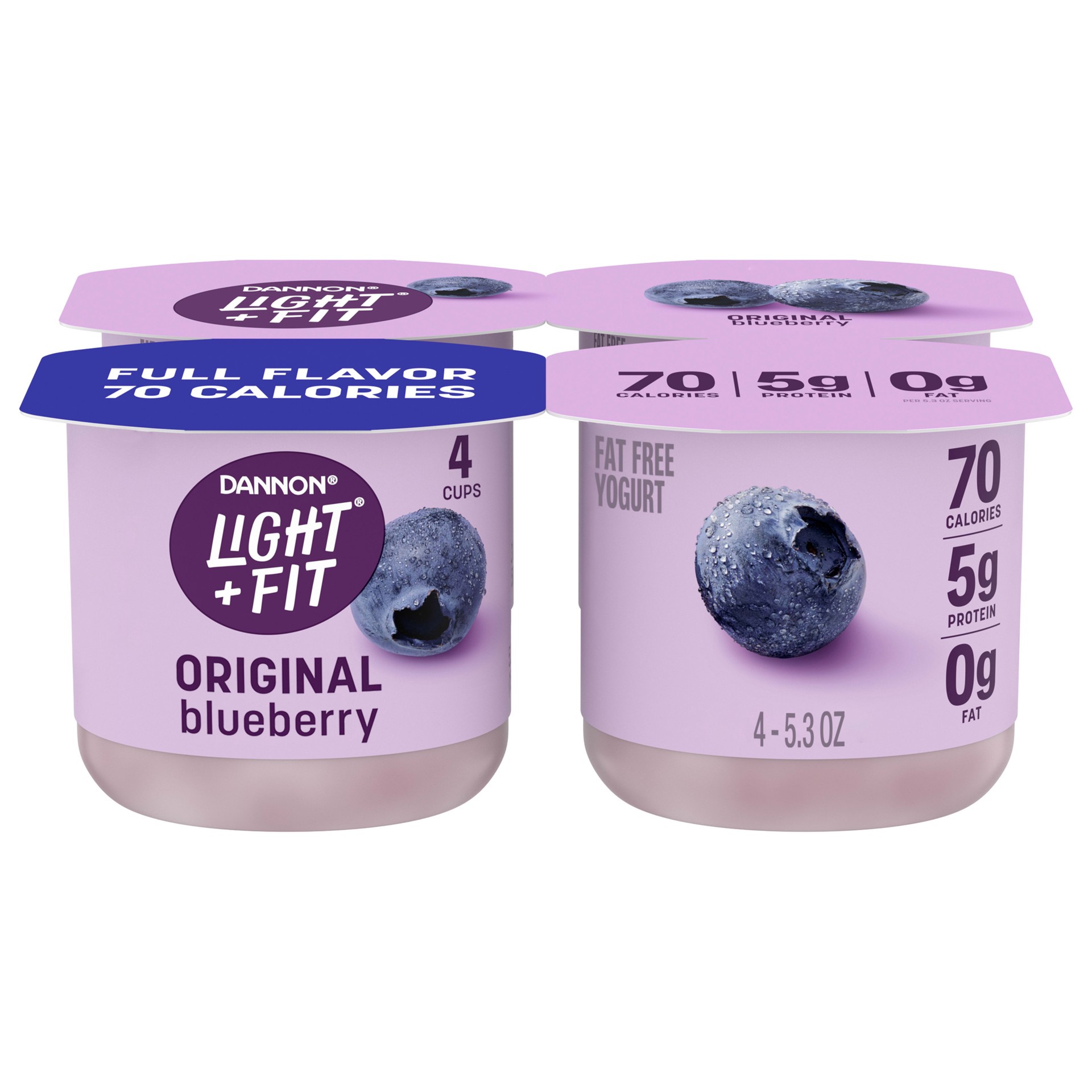 slide 1 of 5, Light + Fit Dannon Light + Fit Blueberry Original Nonfat Yogurt Pack, 0 Fat and Only 70 Calories, Creamy and Delicious Blueberry Yogurt, 4 Ct, 5.3 OZ Cups, 5.3 oz