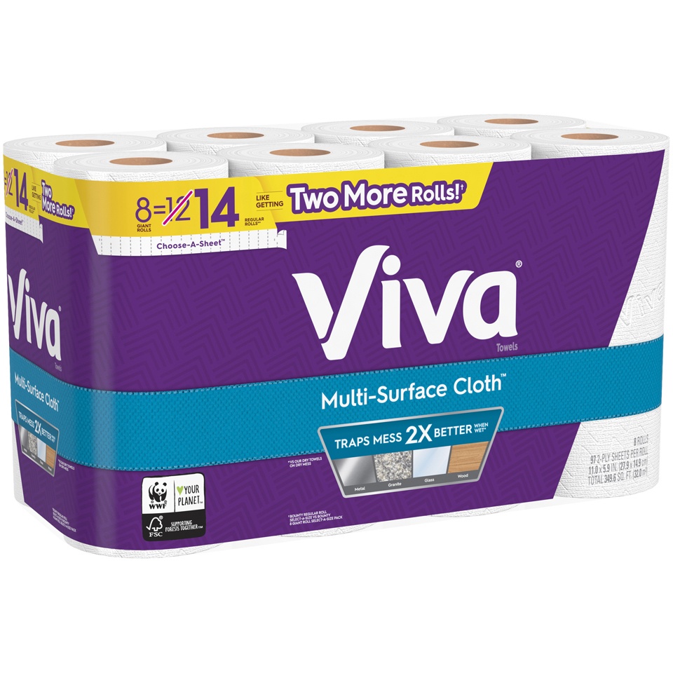 slide 2 of 3, Viva Multi-Surface Cloth Choose-A-Sheet Paper Towels, White, 8 Giant Rolls, 8 ct