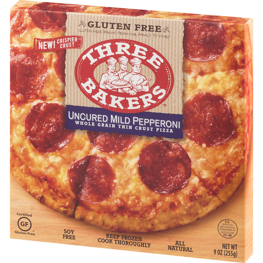 slide 3 of 9, Three Bakers Whole Grain Pepperoni Thin Pizza, 9 oz