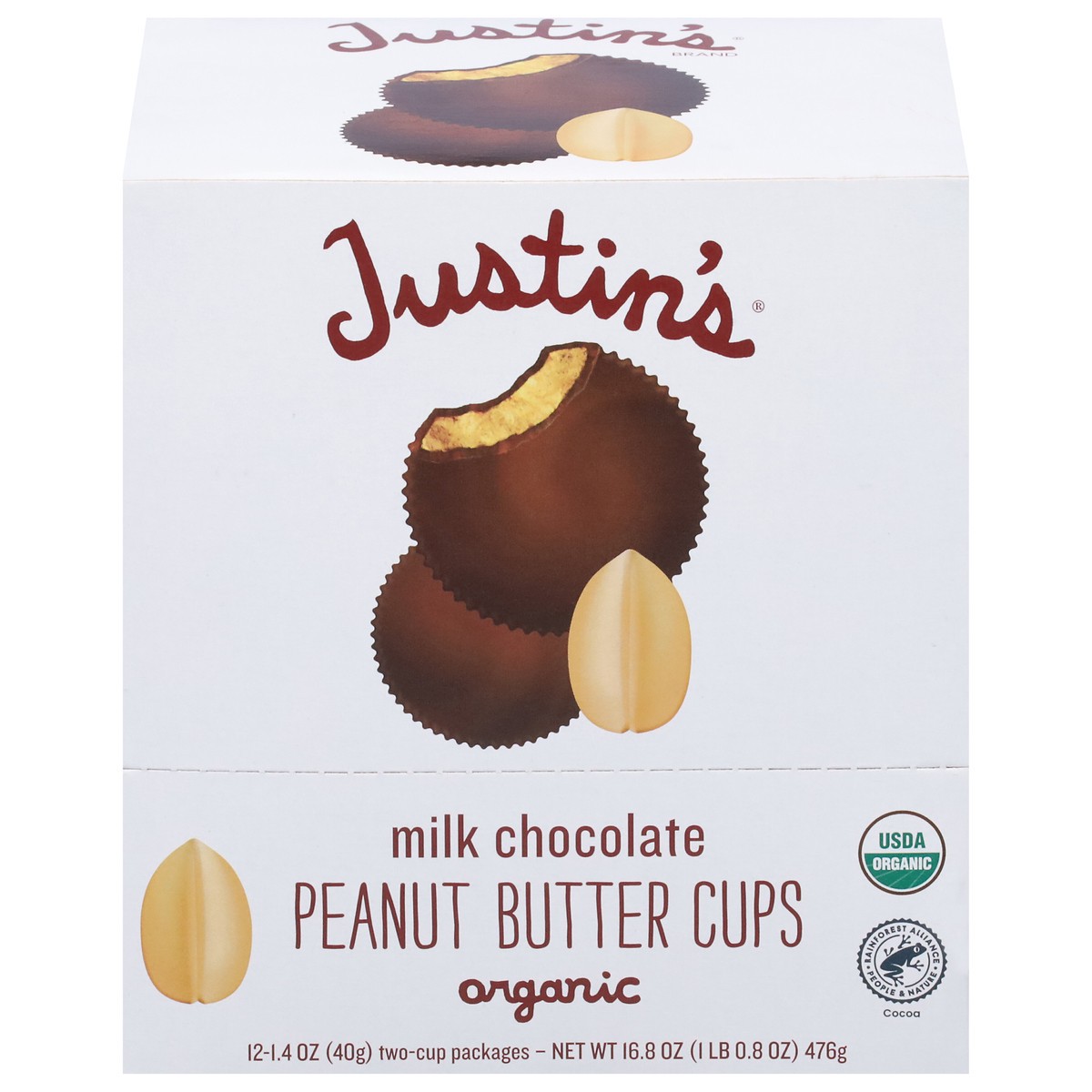 slide 1 of 13, Justin's Organic Milk Chocolate Peanut Butter Cups 12 - 1.4 oz Cups, 12 ct