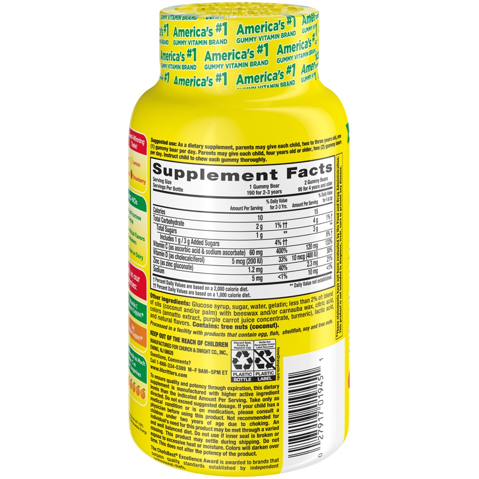 slide 2 of 4, L'il Critters Kids Immune C Gummy Supplement with Vitamin C, Zinc and Vitamin D3 for Immune Support*, 190 ct (95-190 day supply), 4 delicious flavors from America's Number One Gummy Vitamin Brand, 190 cnt