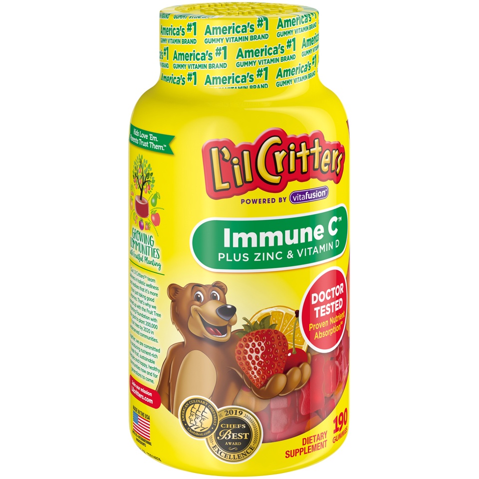 slide 3 of 4, L'il Critters Kids Immune C Gummy Supplement with Vitamin C, Zinc and Vitamin D3 for Immune Support*, 190 ct (95-190 day supply), 4 delicious flavors from America's Number One Gummy Vitamin Brand, 190 cnt