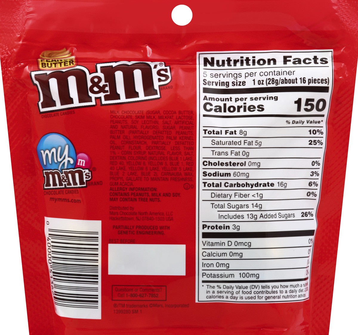 Peanut Butter M&ms Product Label With Nutrition Information