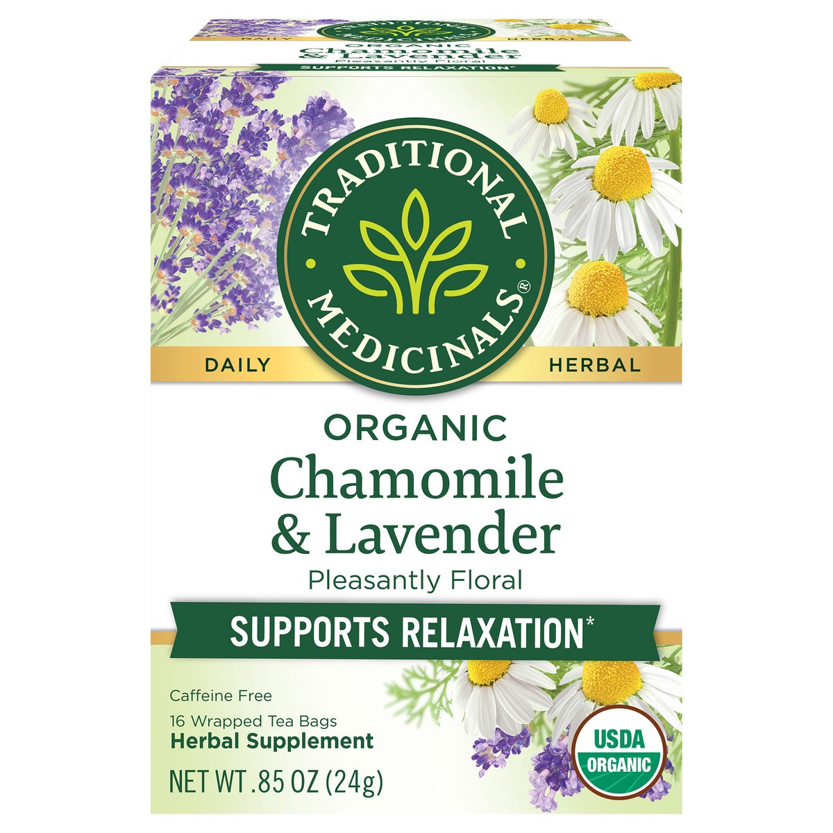 slide 1 of 4, Traditional Medicinals Organic Chamomile with Lavender, Caffeine Free Herbal Tea, 0.85 oz
