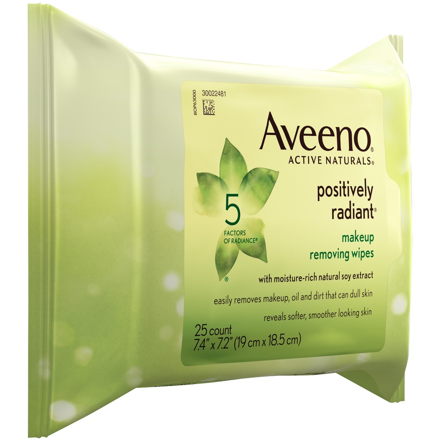 slide 2 of 6, Aveeno Positively Radiant Oil-Free Makeup Removing Facial Cleansing Wipes to Help Even Skin Tone & Texture with Moisture-Rich Soy Extract, Gentle & Non-Comedogenic, 25 ct