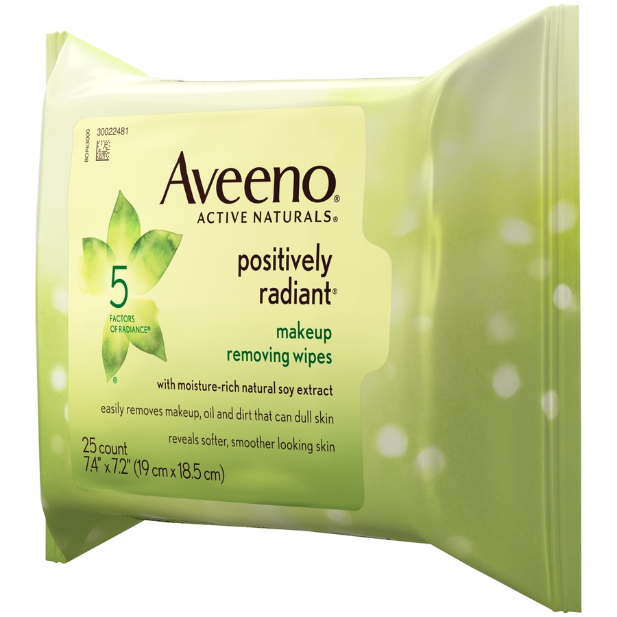 slide 3 of 6, Aveeno Positively Radiant Oil-Free Makeup Removing Facial Cleansing Wipes to Help Even Skin Tone & Texture with Moisture-Rich Soy Extract, Gentle & Non-Comedogenic, 25 ct