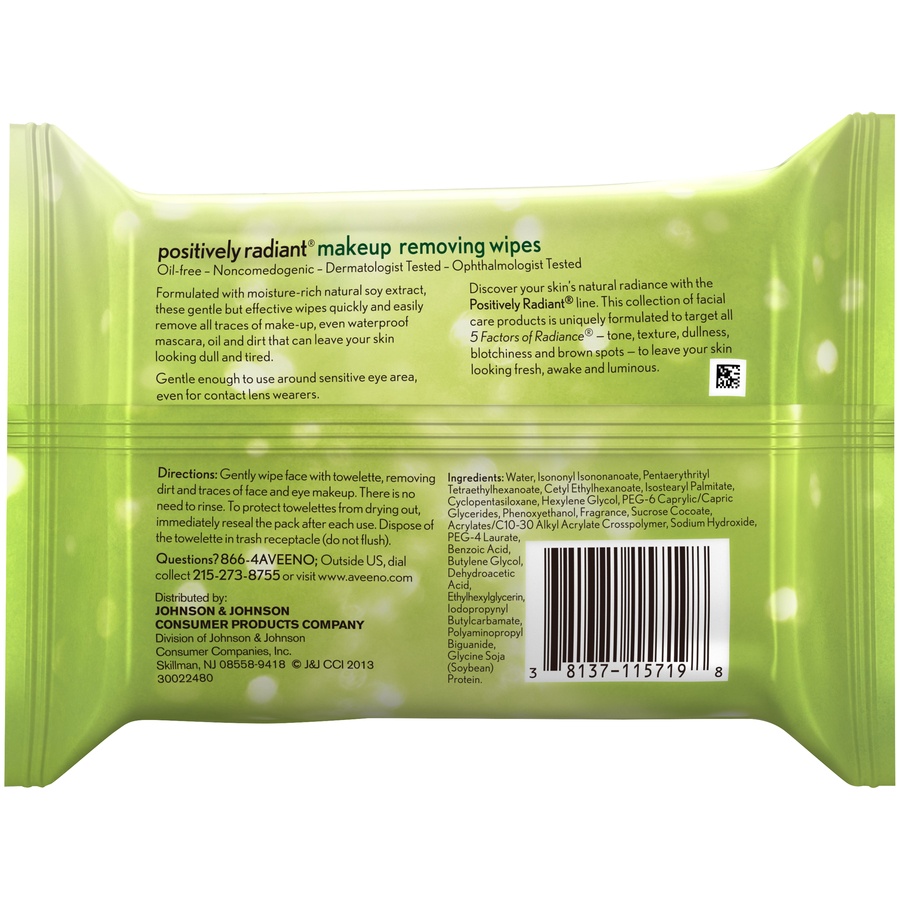 slide 6 of 6, Aveeno Positively Radiant Oil-Free Makeup Removing Facial Cleansing Wipes to Help Even Skin Tone & Texture with Moisture-Rich Soy Extract, Gentle & Non-Comedogenic, 25 ct