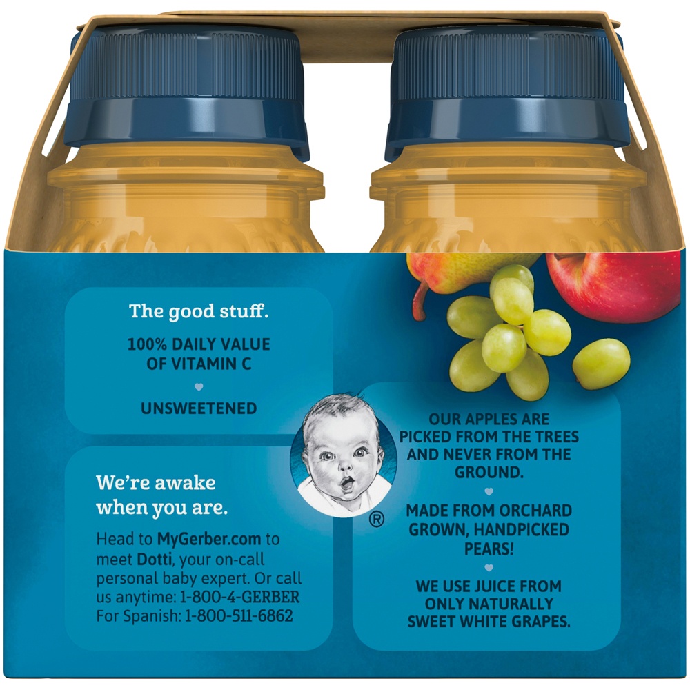 slide 4 of 9, Gerber Toddler (12+ Months) Apple/Pear/White Grape Juices from Concentrate Variety Pack 4 - 4 fl oz Bottles, 4 ct; 4 fl oz