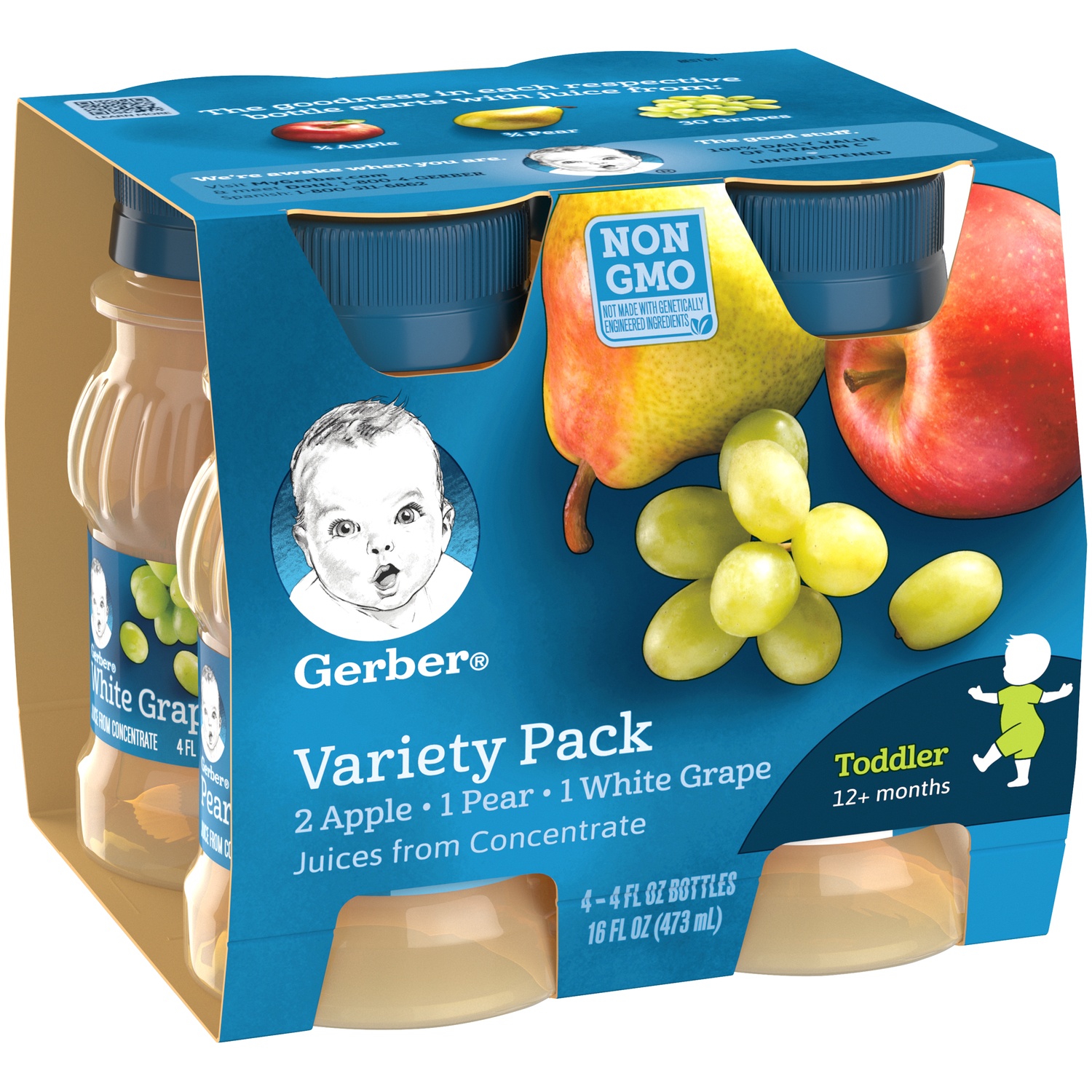 slide 9 of 9, Gerber Toddler (12+ Months) Apple/Pear/White Grape Juices from Concentrate Variety Pack 4 - 4 fl oz Bottles, 4 ct; 4 fl oz