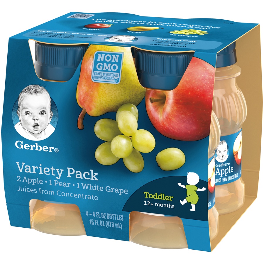 slide 3 of 9, Gerber Toddler (12+ Months) Apple/Pear/White Grape Juices from Concentrate Variety Pack 4 - 4 fl oz Bottles, 4 ct; 4 fl oz