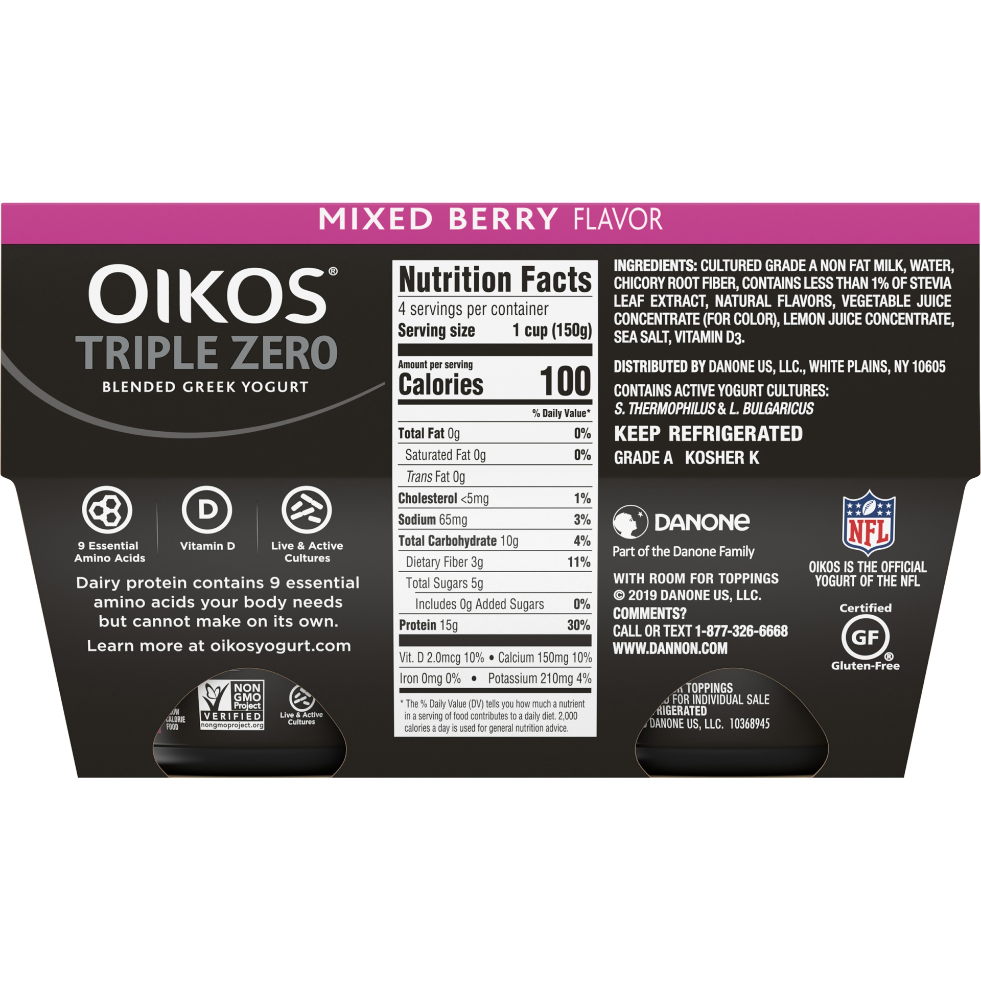 slide 4 of 4, Oikos Triple Zero Mixed Berry Greek Yogurt Cups, 5.3 oz