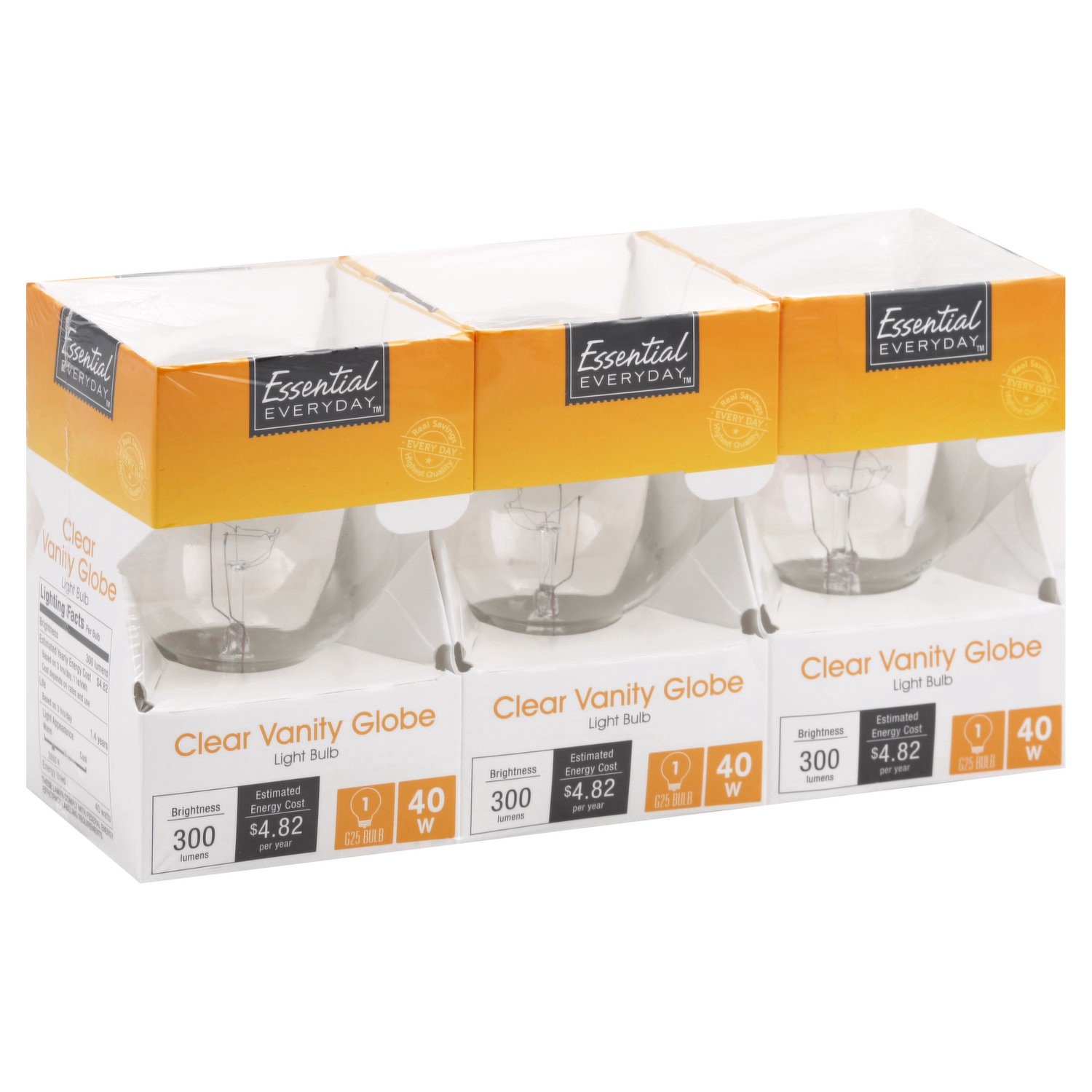 slide 1 of 1, Essential Everyday Clear Vanity Globe 40 Watt Light Bulbs, 3 ct