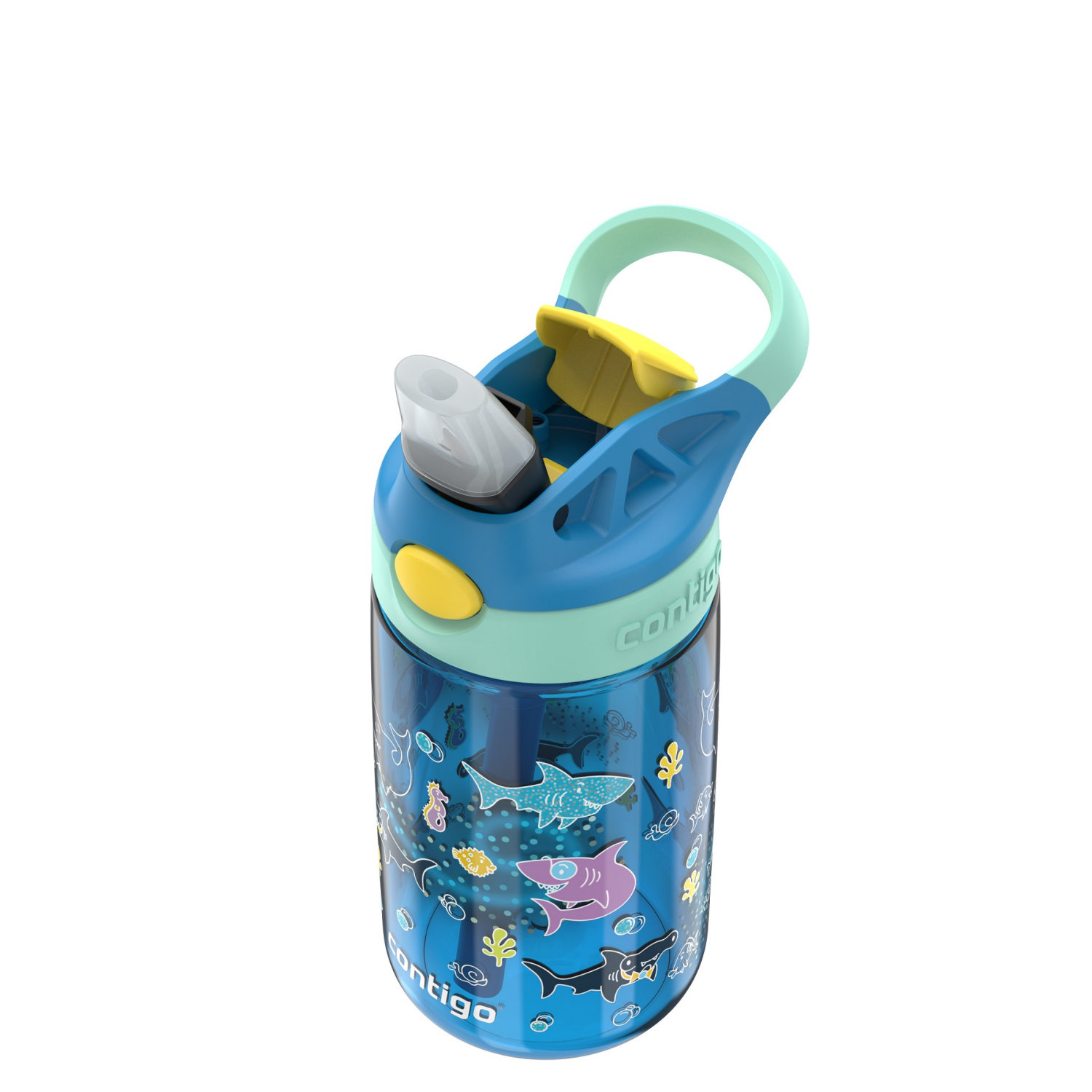 slide 2 of 3, Contigo Kids Water Bottle with Redesigned AUTOSPOUT Straw, 14 oz, 2-Pack, Dinos & Sharks, 14 oz