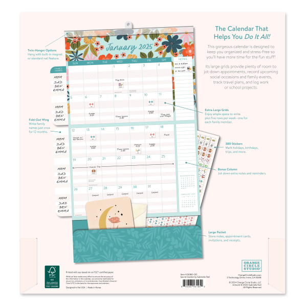 slide 2 of 7, 2025 Orange Circle Studio Monthly Do It All Wall Calendar, 12-13/16"" X 12-1/4"", Secret Garden, January To December, 1 ct
