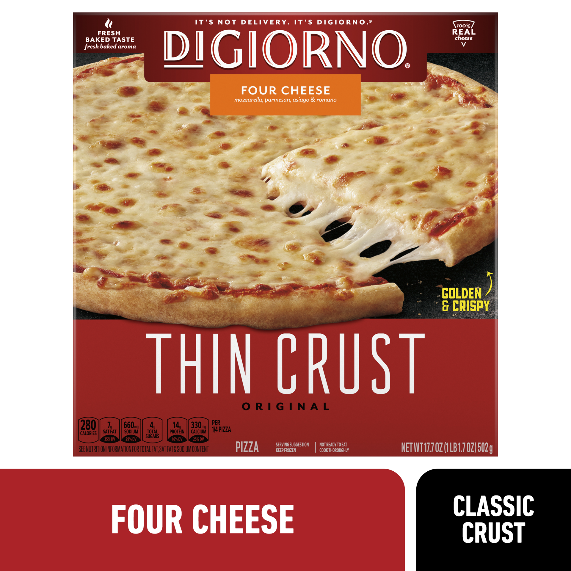 slide 1 of 14, DiGiorno Frozen Pizza, Four Cheese Thin Crust Pizza, 17.7oz (Frozen), 17.7 oz