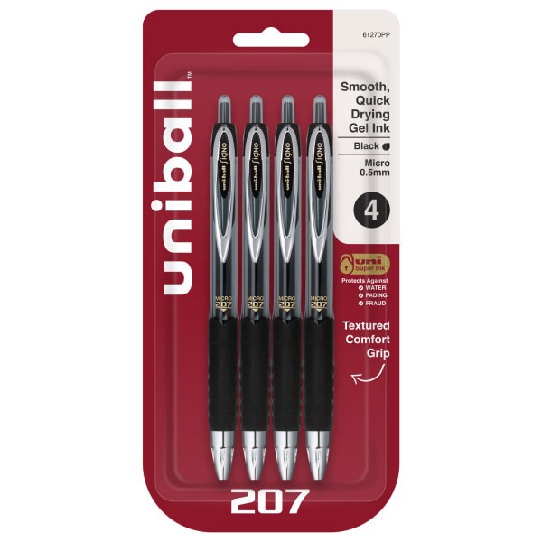 slide 1 of 8, uni-ball Signo Gel 207 Retractable Gel Pens, Micro Point, 0.5 Mm, Black Barrel, Black Ink, Pack Of 4, 4 ct