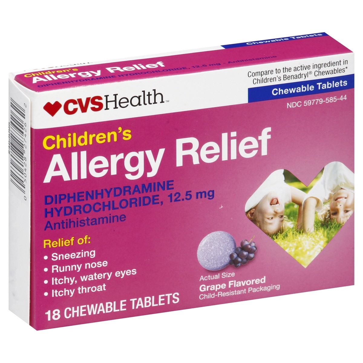 slide 7 of 12, CVS Health Children's Allergy Relief Diphenhydramine Hcl Chewable Antihistamine Tablets, Grape, 18 Ct, 1 ct