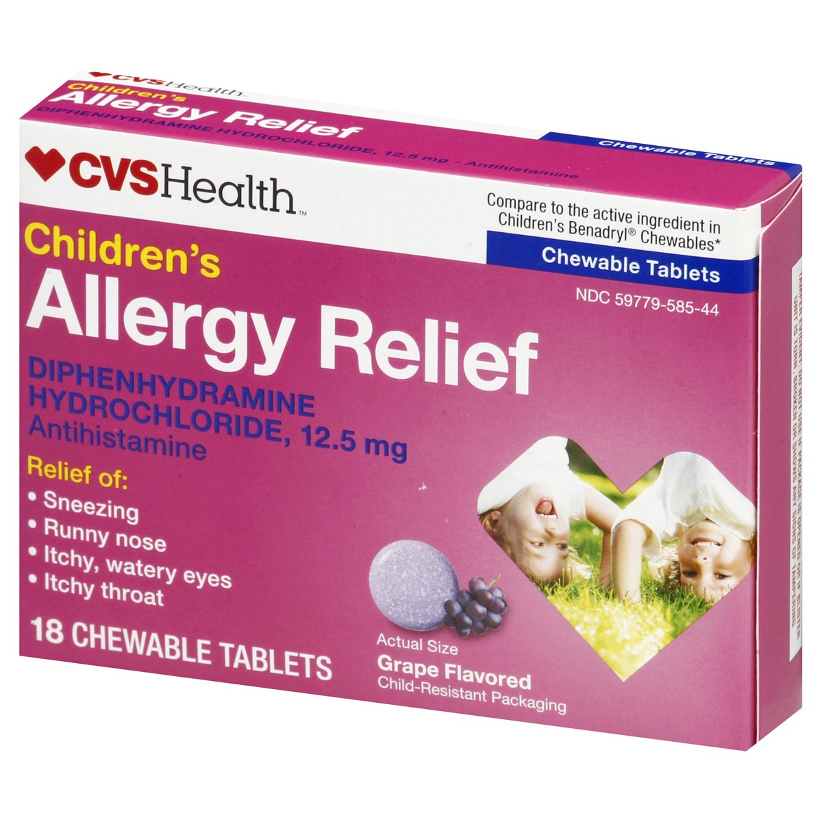 slide 8 of 12, CVS Health Children's Allergy Relief Diphenhydramine Hcl Chewable Antihistamine Tablets, Grape, 18 Ct, 1 ct