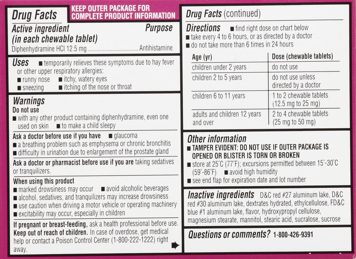 slide 11 of 12, CVS Health Children's Allergy Relief Diphenhydramine Hcl Chewable Antihistamine Tablets, Grape, 18 Ct, 1 ct