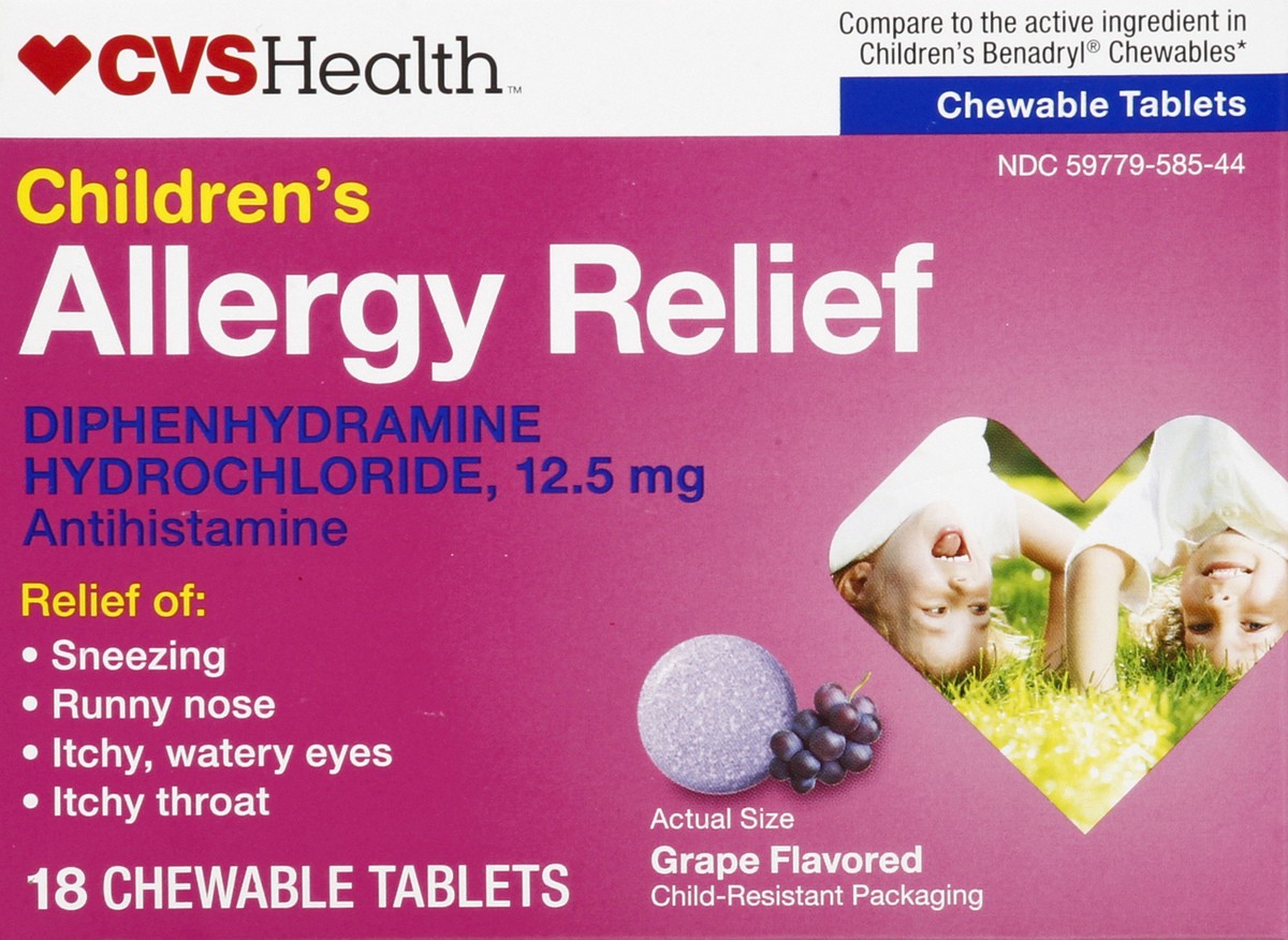 slide 10 of 12, CVS Health Children's Allergy Relief Diphenhydramine Hcl Chewable Antihistamine Tablets, Grape, 18 Ct, 1 ct