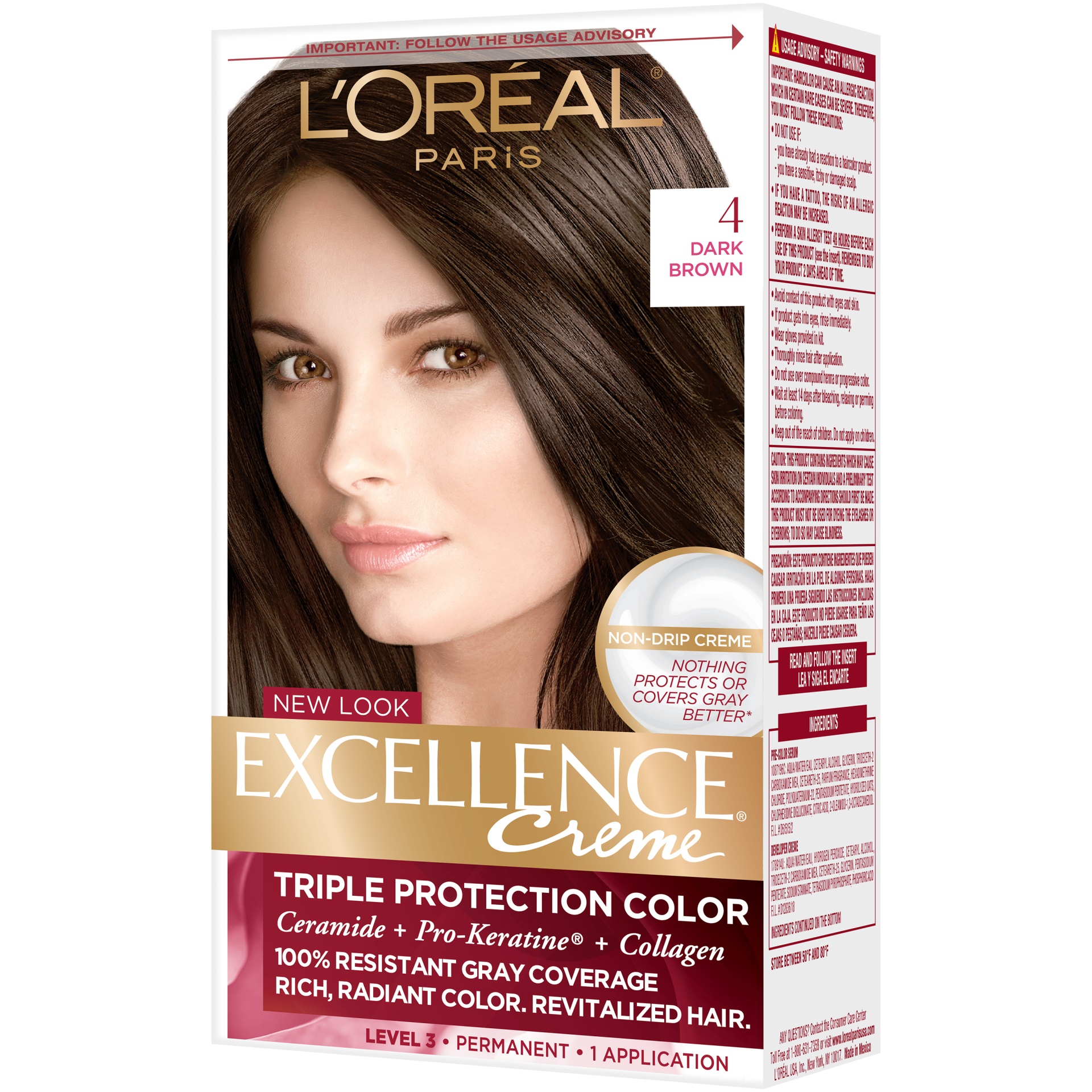 slide 3 of 7, L'Oréal Excellence Triple Protection Permanent Hair Color - 4 Dark Brown - 1 Kit, 1 ct