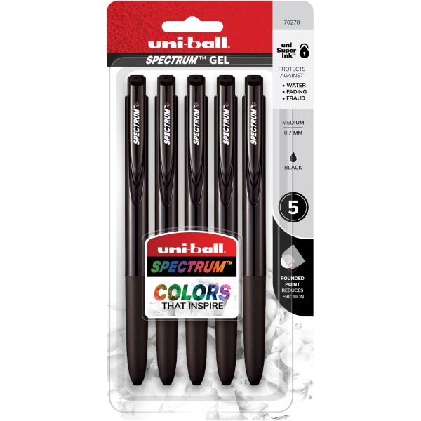 slide 1 of 1, uni-ball Spectrum Retractable Gel Pens, Medium Point, 0.7 Mm, Black Barrel, Black Ink, 5 ct