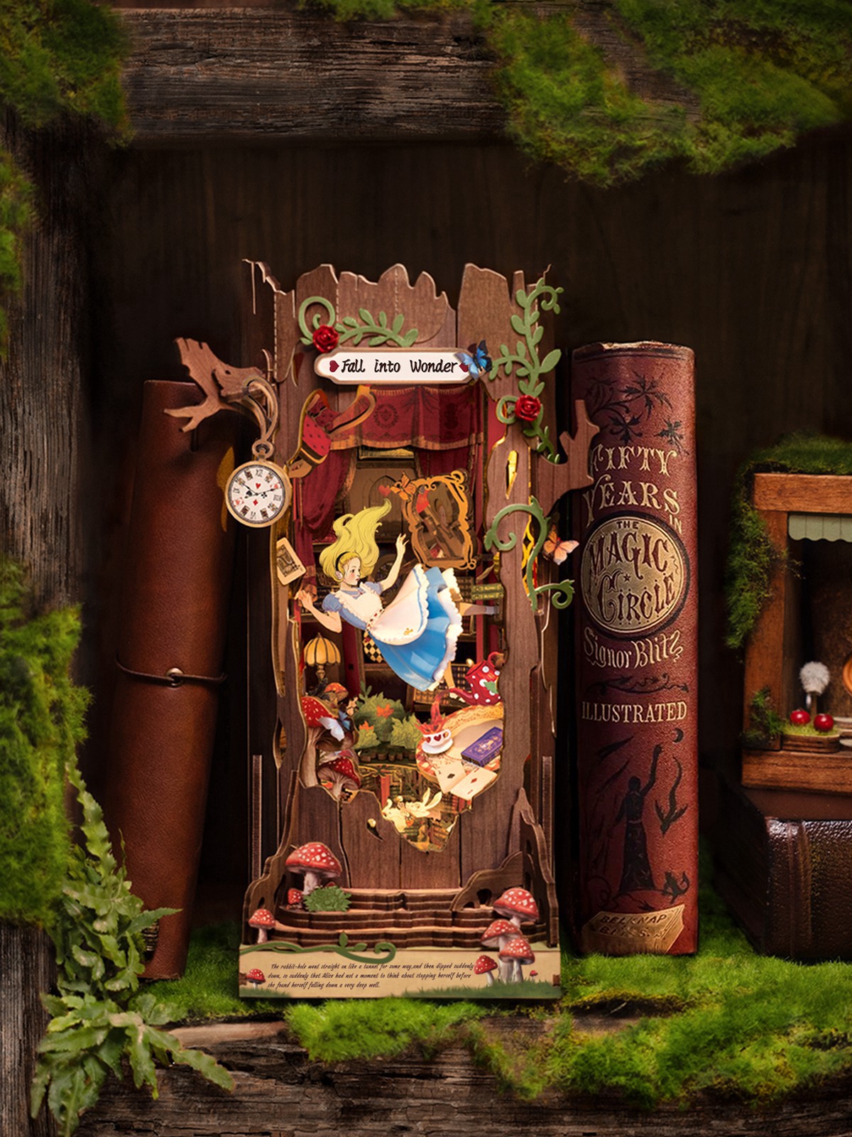 slide 4 of 9, Robotime Rolife Fall Into Wonder Diy Book Nook Shelf Insert Kit, 6 in x 7.75 in x 9.88 in