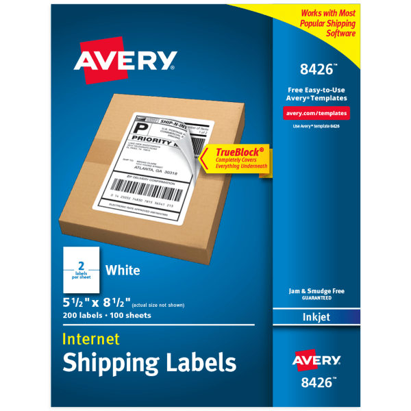 slide 1 of 6, Avery Printable Blank Shipping Labels, 8426, 5-1/2" X 8-1/2", Fsc Mixed, White, Pack Of 200 Labels, 200 ct