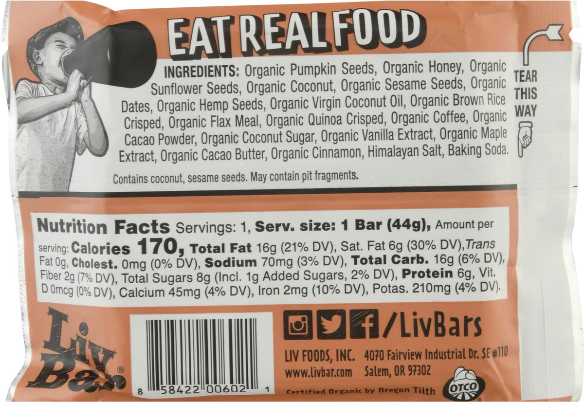 slide 8 of 9, LivBar Organic Coffee Maple Cacao Superfood Bar 1.55 oz, 1.55 oz