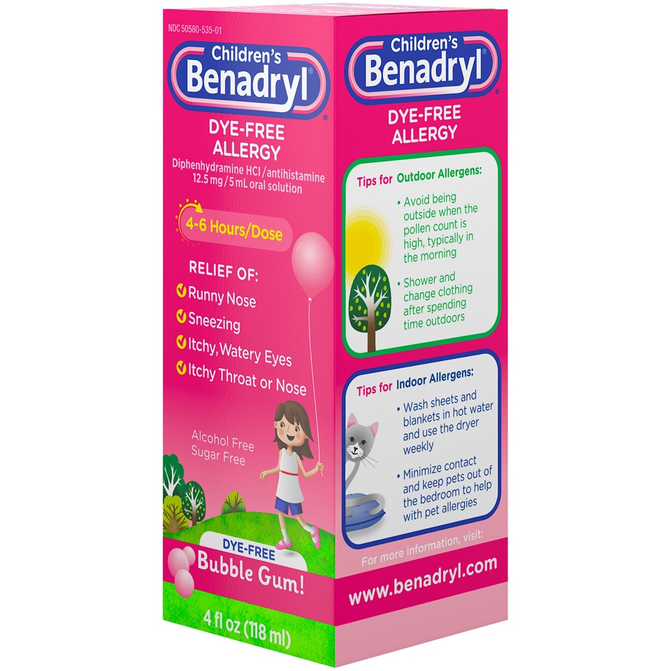 slide 3 of 6, Benadryl Children's Benadryl Dye-Free Allergy Relief Liquid - Bubble Gum - Diphenhydramine - 4 fl oz, 4 fl oz