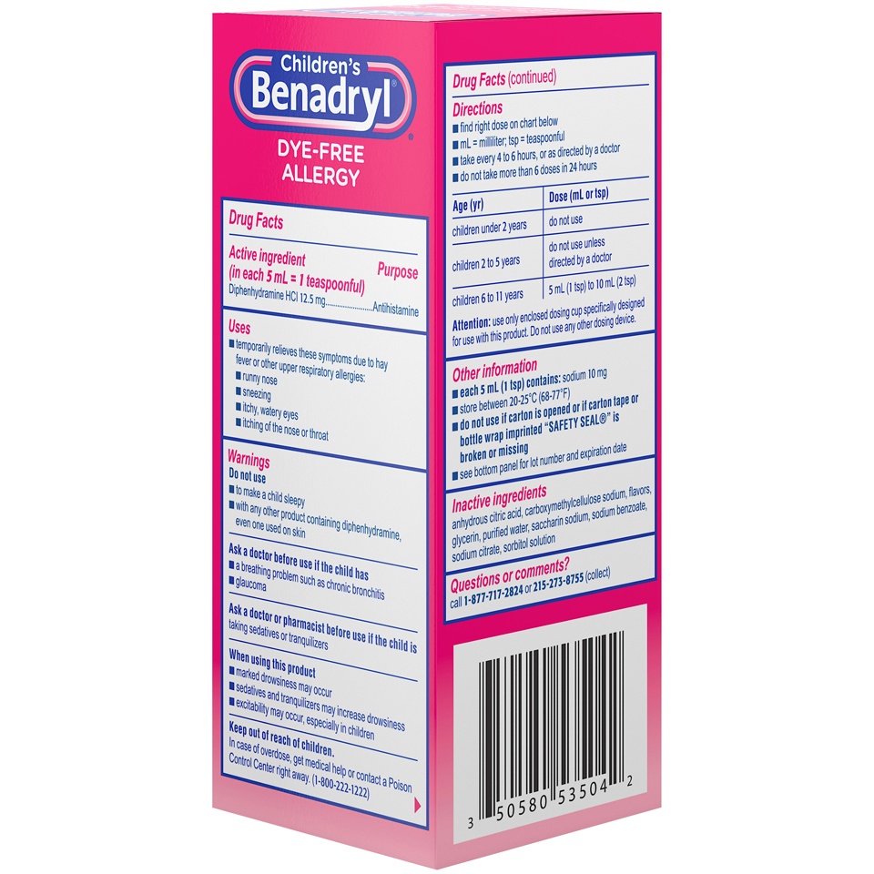 slide 4 of 6, Benadryl Children's Benadryl Dye-Free Allergy Relief Liquid - Bubble Gum - Diphenhydramine - 4 fl oz, 4 fl oz