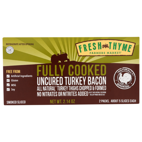 slide 1 of 1, Fresh Thyme Fully Cooked Uncured Turkey Bacon, 2.14 oz