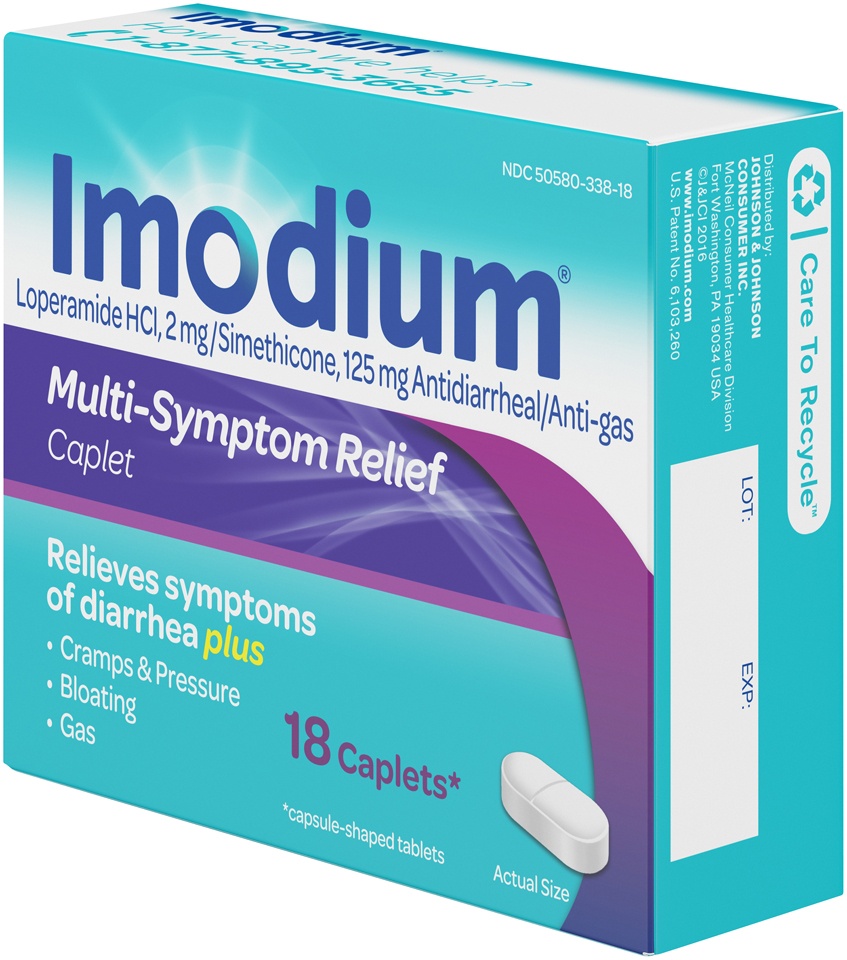 slide 3 of 6, Imodium Multi-Symptom Relief Caplets with Loperamide Hydrochloride and Simethicone, Anti-Diarrheal Medicine for Treatment of Diarrhea, Gas, Bloating, Cramps & Pressure, 18 ct