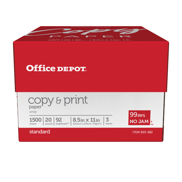 slide 1 of 3, Office Depot Copy And Print Paper, Letter Size (8 1/2'' X 11''), Bright White, Ream Of 500 Sheets, Case Of 3 Reams, 500 ct