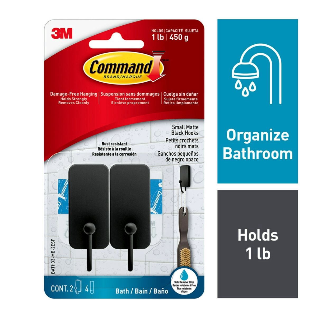 slide 1 of 9, 3M Command Bath Hook Small Matte Black 2Pk, 2 ct