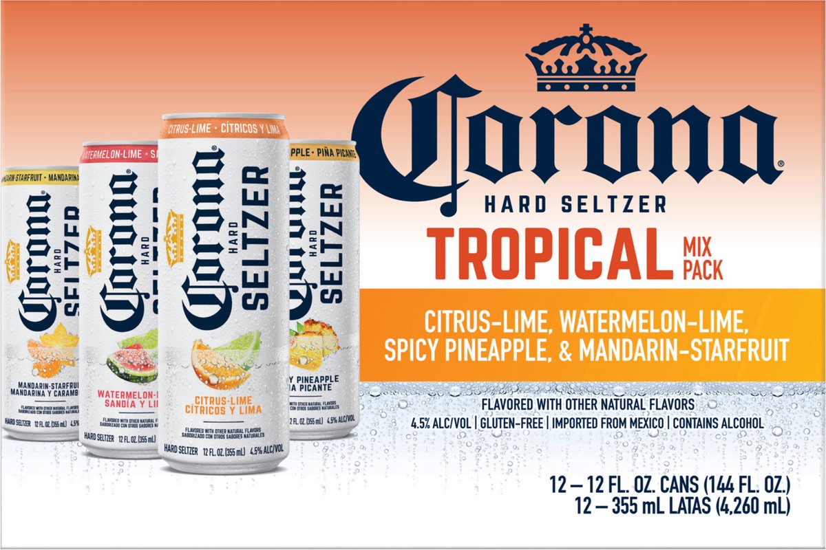 slide 2 of 2, Corona Hard Seltzer Tropical Mix Variety Pack Gluten Free, 12 pk 12 fl oz Cans, 4.5% ABV, 144 fl oz