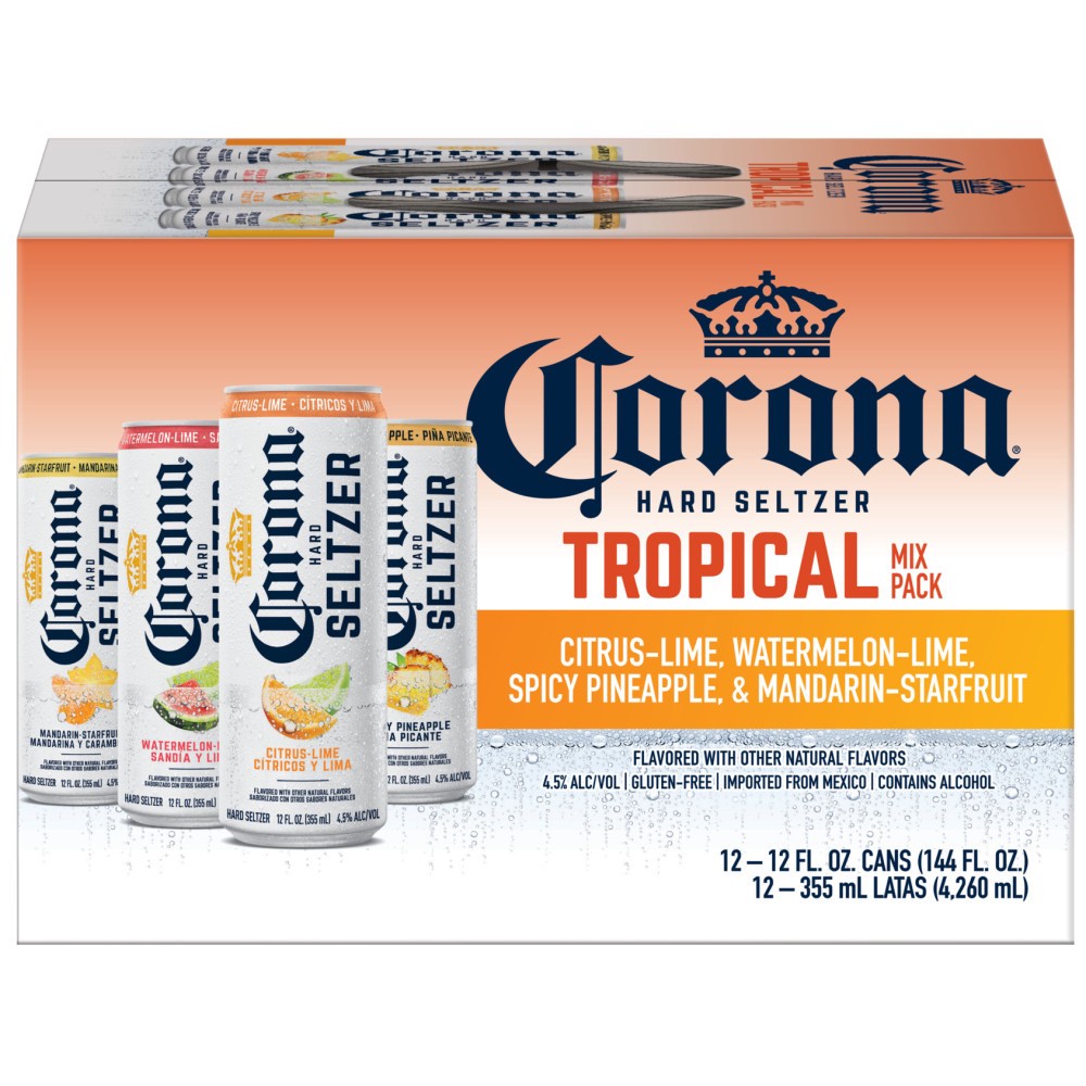 slide 1 of 2, Corona Hard Seltzer Tropical Mix Variety Pack Gluten Free, 12 pk 12 fl oz Cans, 4.5% ABV, 144 fl oz