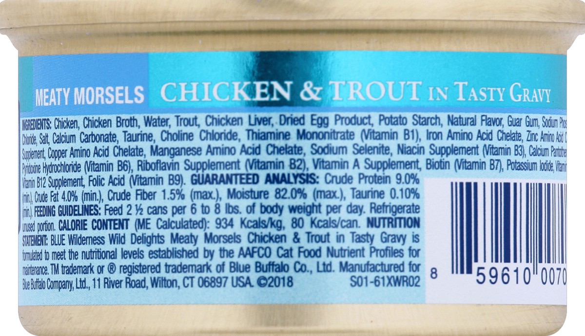 slide 6 of 7, Blue Buffalo Wilderness Wild Delights Grain Free, Natural Adult Wet Cat Food, Chicken & Trout 3-oz can, 1 ct