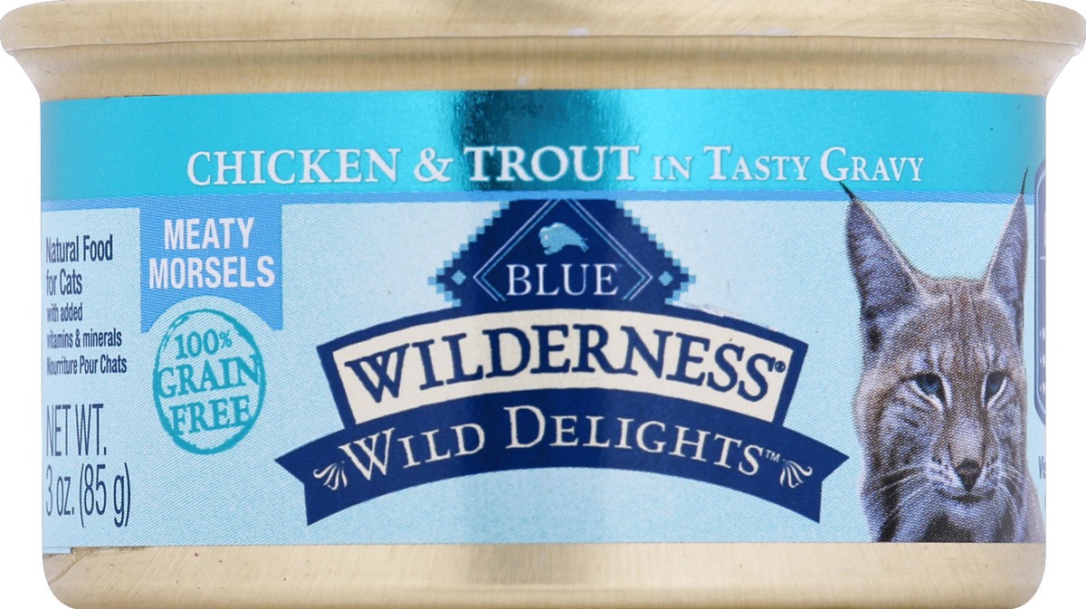 slide 3 of 7, Blue Buffalo Wilderness Wild Delights Grain Free, Natural Adult Wet Cat Food, Chicken & Trout 3-oz can, 1 ct