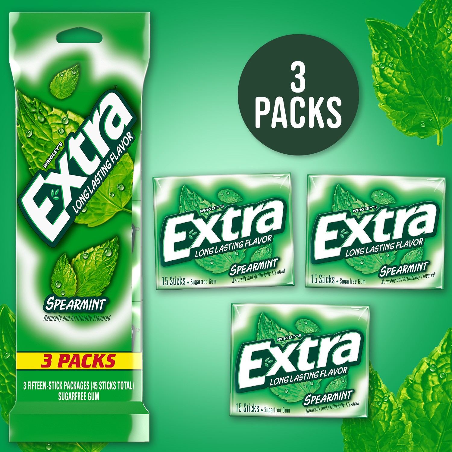 slide 3 of 8, Extra Spearmint Sugar Free Chewing Gum, 15 ct (3 Pack), 45 pc