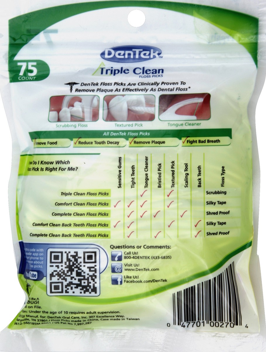 slide 6 of 6, DenTek Triple Clean Advanced Clean Floss Picks, No Break & No Shred Floss, 75 Count, 75 ct